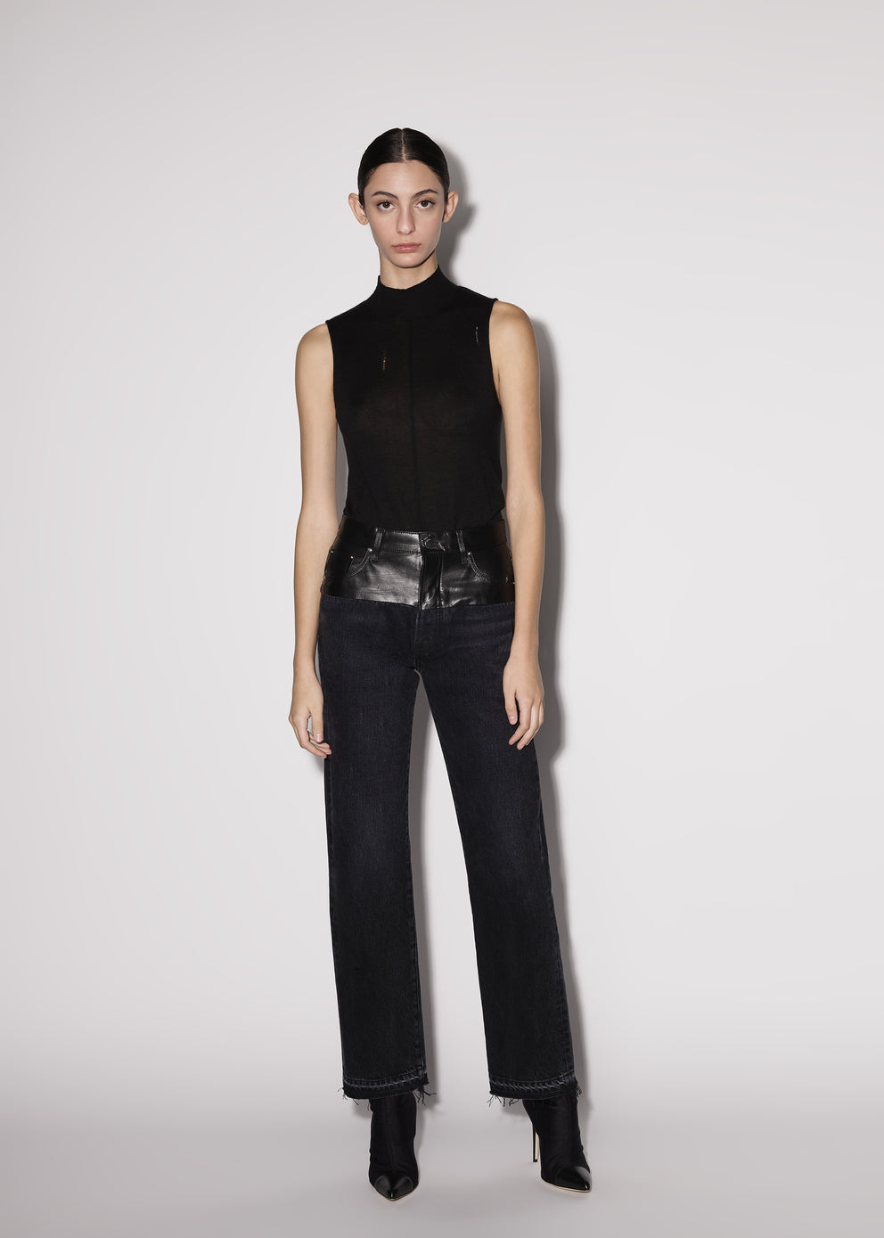 Aged Black/Black Leather Amiri LEATHER HYBRID STRAIGHT JEAN | 082943-OPC