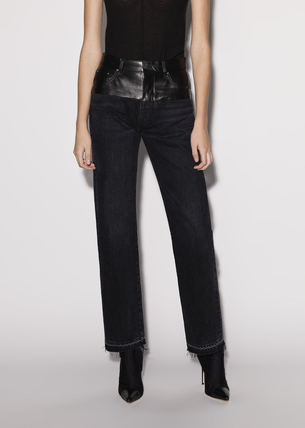 Aged Black/Black Leather Amiri LEATHER HYBRID STRAIGHT JEAN | 082943-OPC