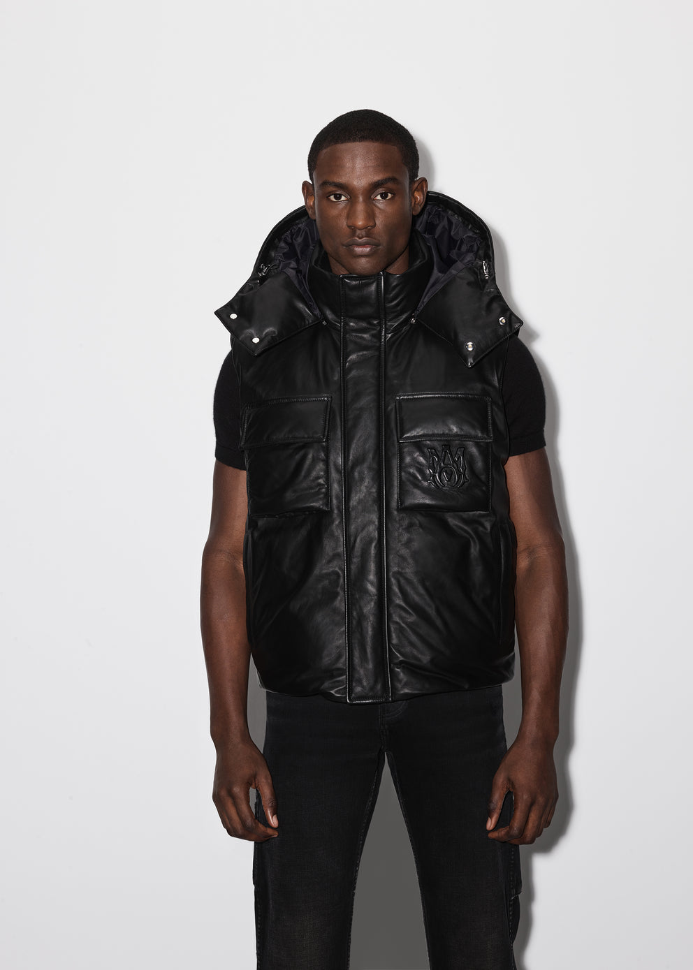 Black Amiri HOODED LEATHER DOWN GILET | 025948-WPX