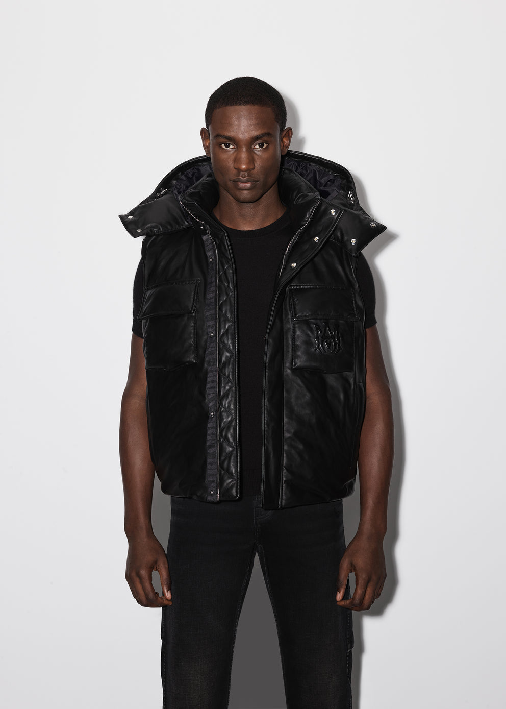 Black Amiri HOODED LEATHER DOWN GILET | 025948-WPX