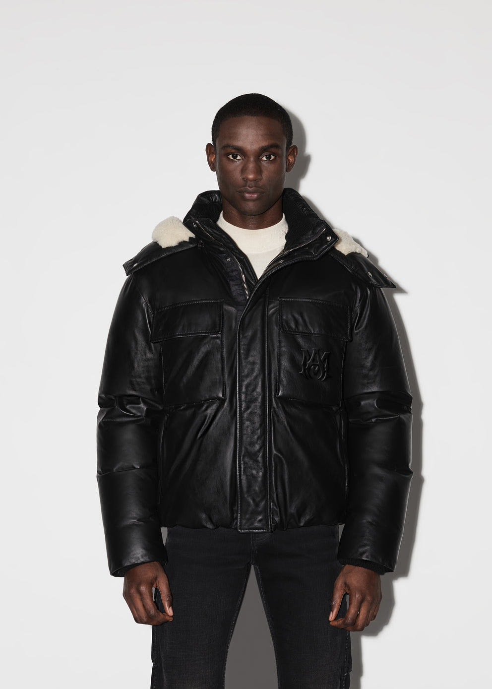 Black Amiri HOODED LEATHER DOWN JACKET | 094586-BTV