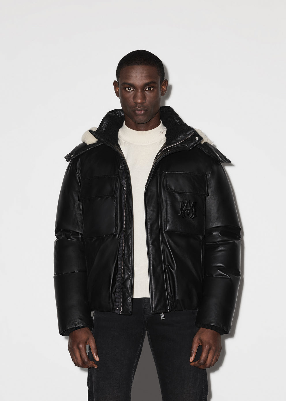 Black Amiri HOODED LEATHER DOWN JACKET | 094586-BTV