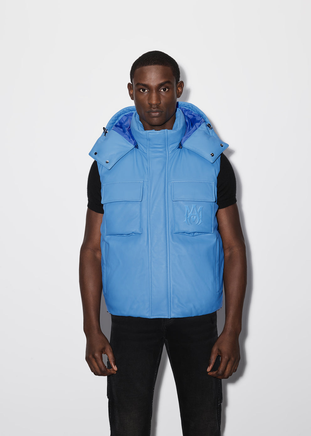 Blue Amiri HOODED LEATHER DOWN GILET | 627954-YGL