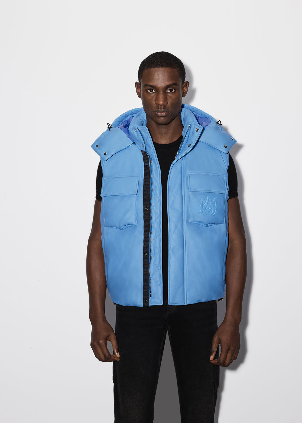 Blue Amiri HOODED LEATHER DOWN GILET | 627954-YGL