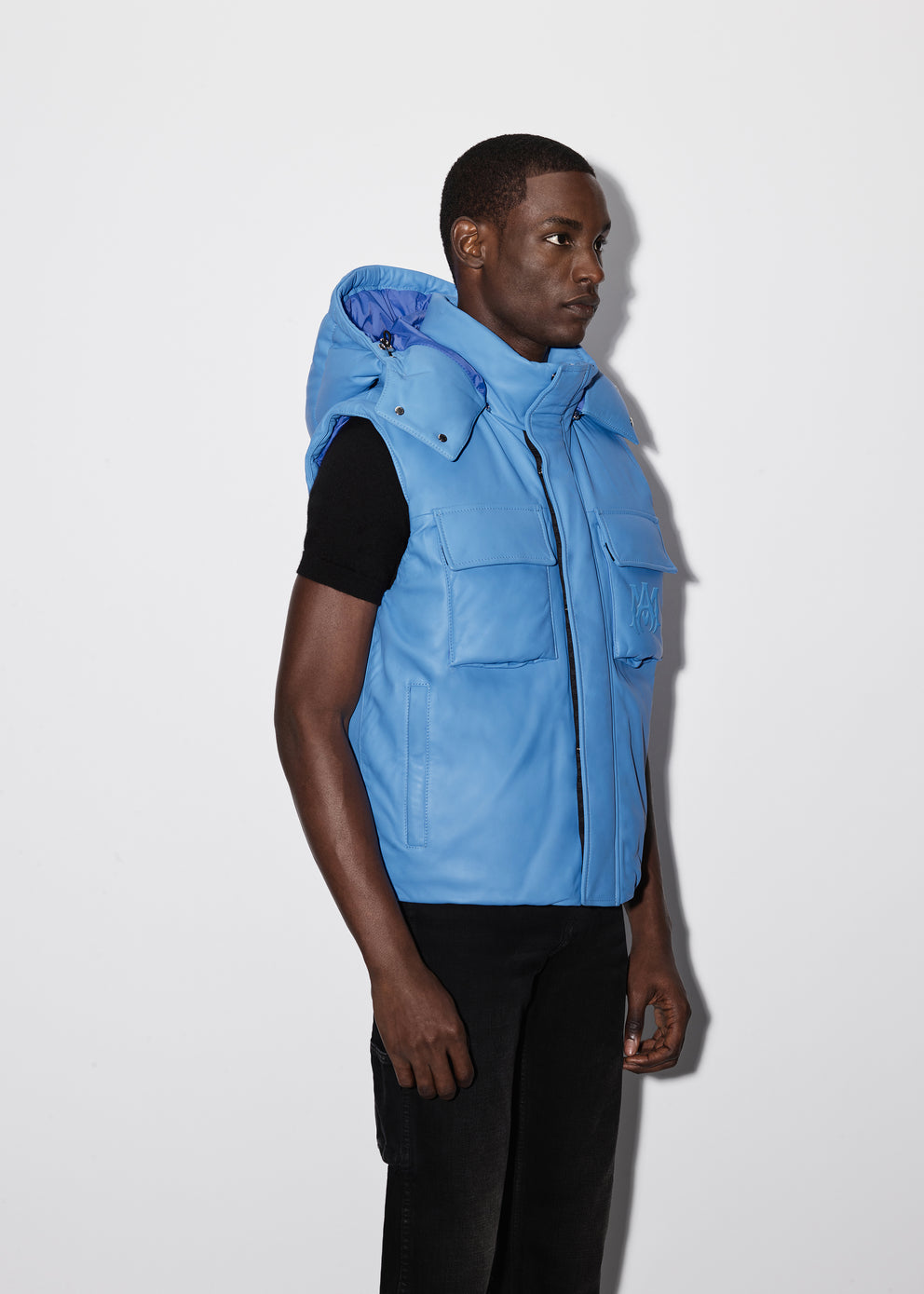 Blue Amiri HOODED LEATHER DOWN GILET | 627954-YGL