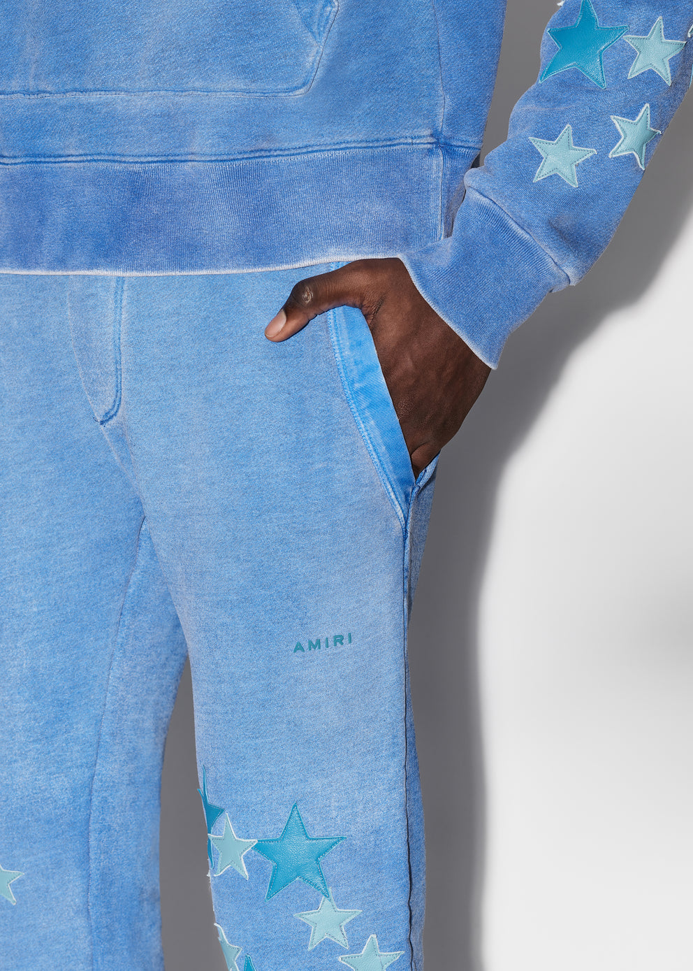 Heather Carolina Blue Amiri PIGMENT SPRAY STAR SWEATPANTS | 354879-WKF