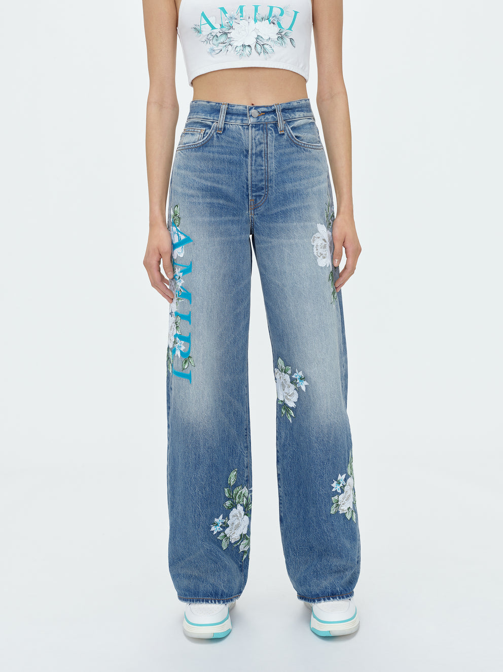 Vintage Light Blue Amiri FLORAL WIDE LEG JEAN | 725480-XGJ