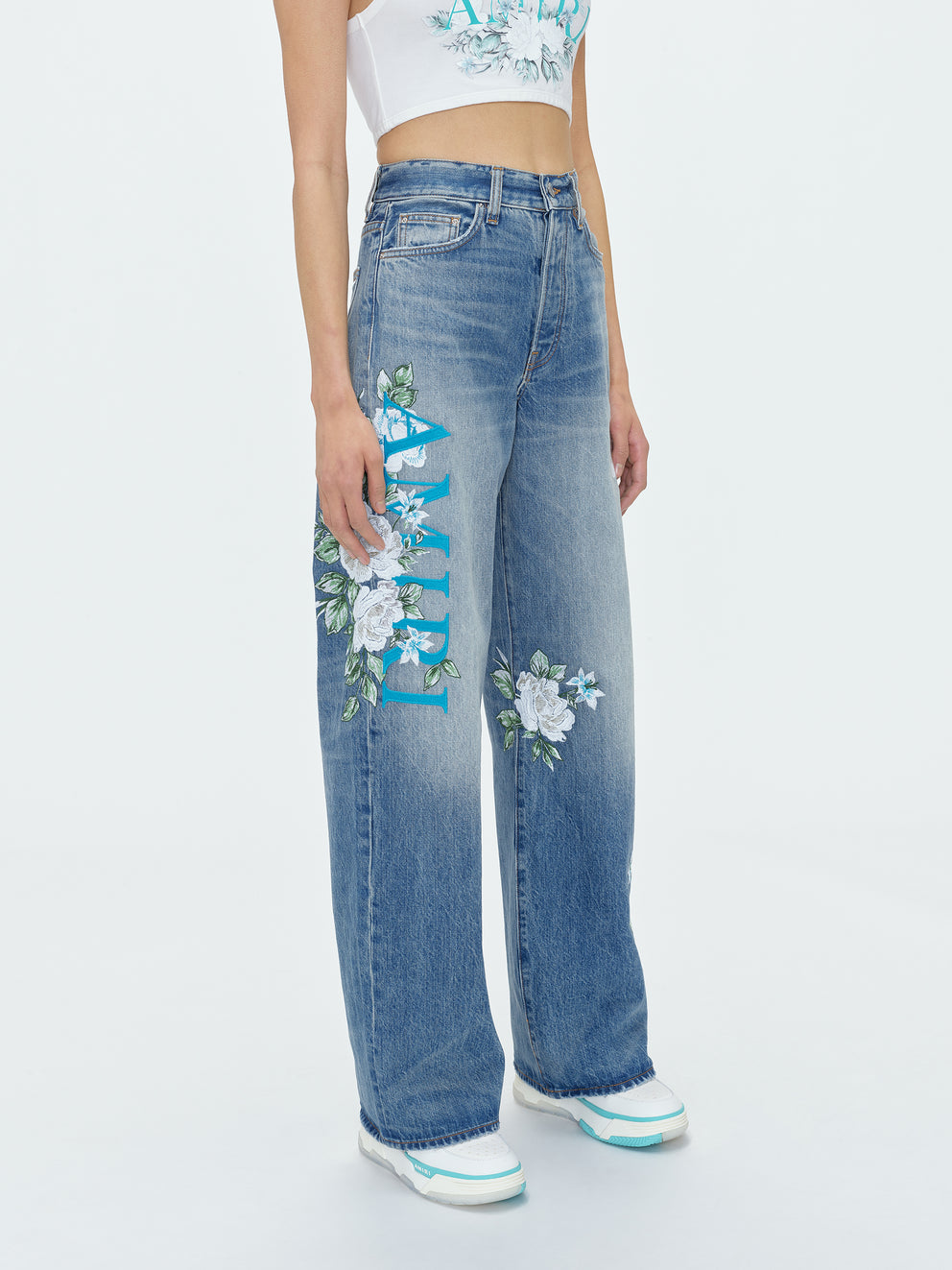 Vintage Light Blue Amiri FLORAL WIDE LEG JEAN | 725480-XGJ